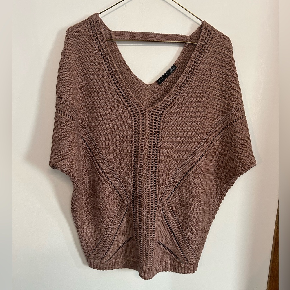 Black Tape_ V-Neck Knit Poncho Sweater in Mauve Brown - Picture 1 of 7